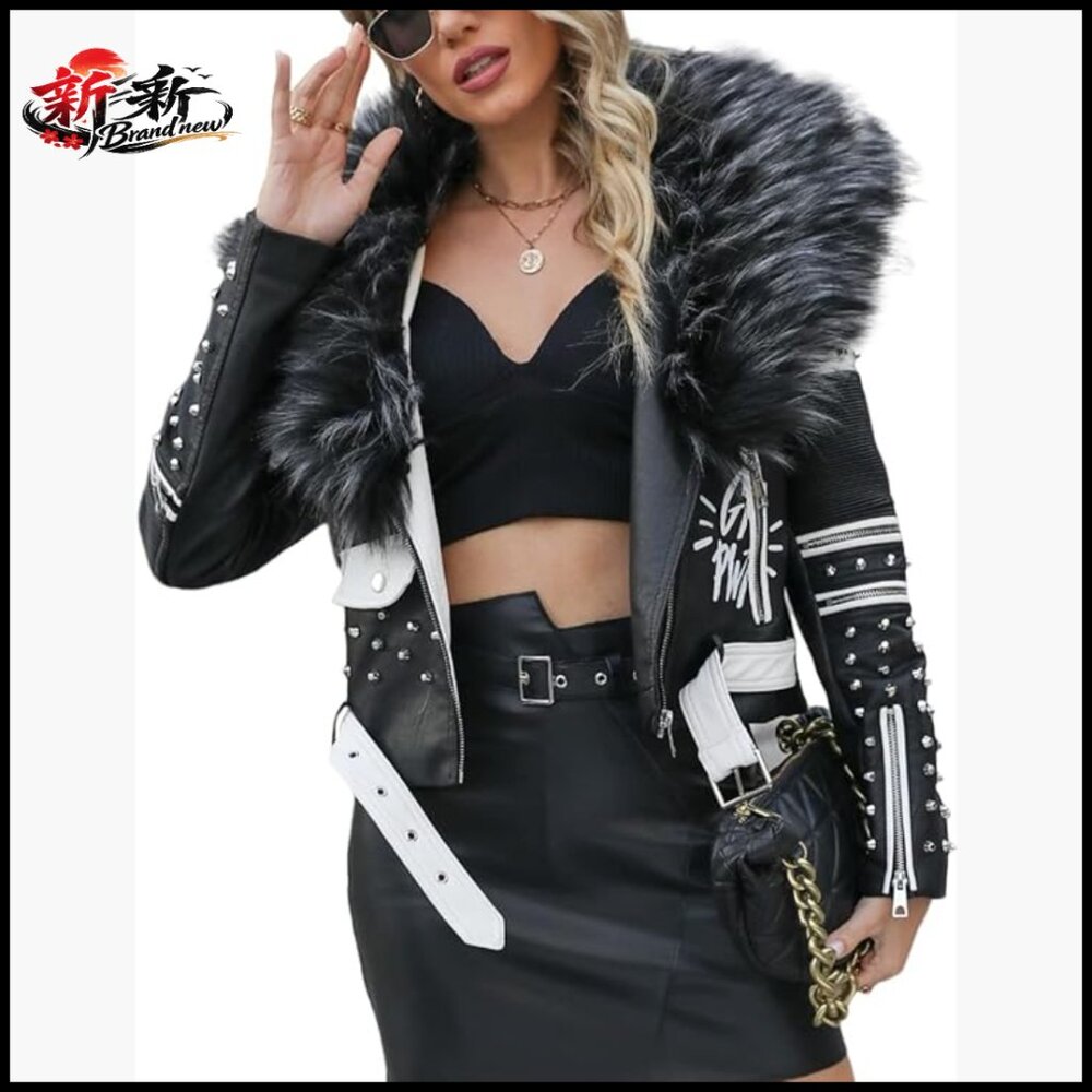 Faux Leather Jacket Studded Rivet Floral Moto Biker Short Lapel Coat - Picture 1 of 7